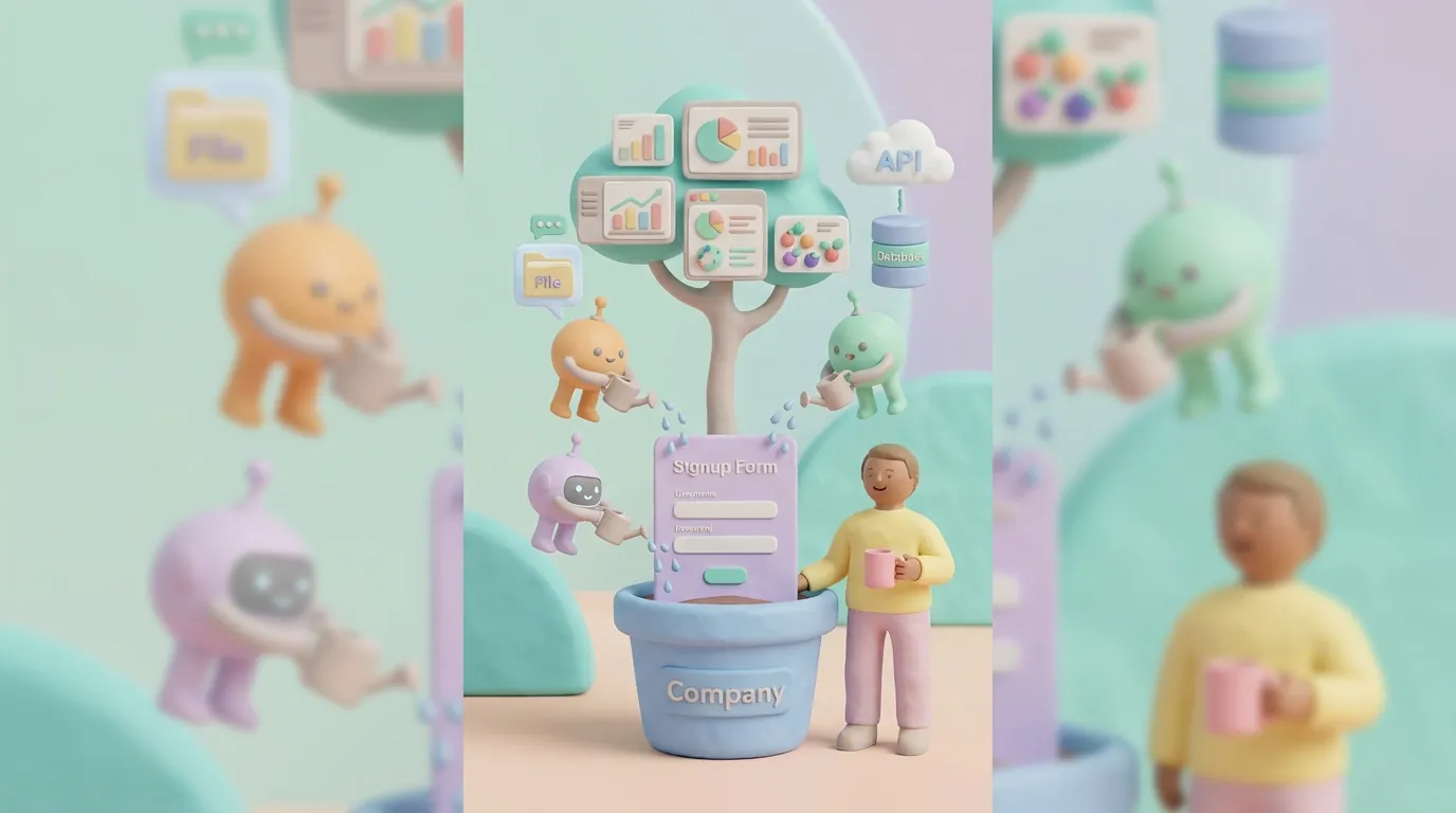 Pastel clay illustration of cute AI agents watering a signup form that grows into dashboards